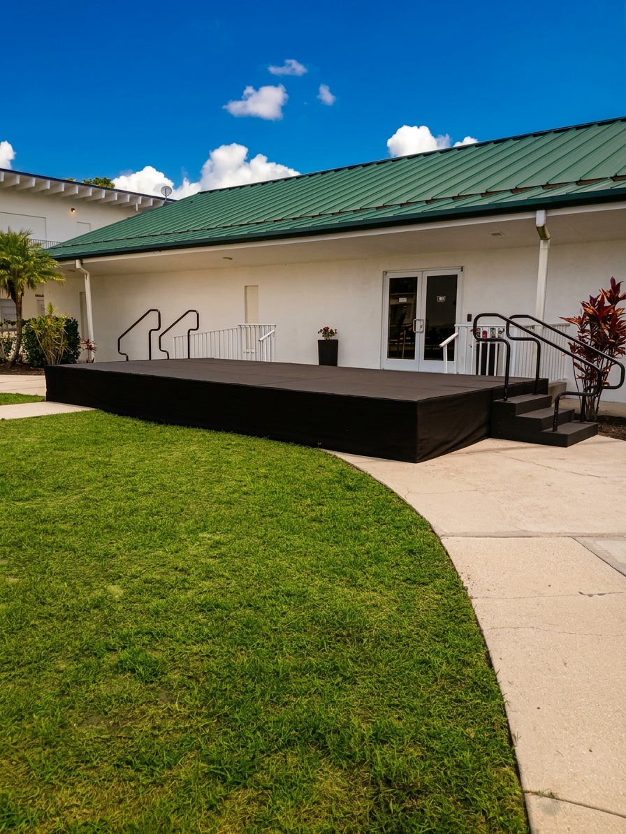 Outdoor stage setup on grass for a community event in Central Florida