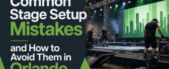 Designed magazine-style blog cover image for an SEO article. Topic: "Common Stage Setup Mistakes and How to Avoid Them in Orl