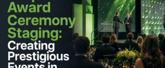 Designed magazine-style blog cover image for an SEO article. Topic: "Corporate Award Ceremony Staging: Creating Prestigious E