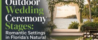 Designed magazine-style blog cover image for an SEO article. Topic: "Outdoor Wedding Ceremony Stages: Romantic Settings in Fl