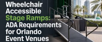 Designed magazine-style blog cover image for an SEO article. Topic: "Wheelchair Accessible Stage Ramps: ADA Requirements for