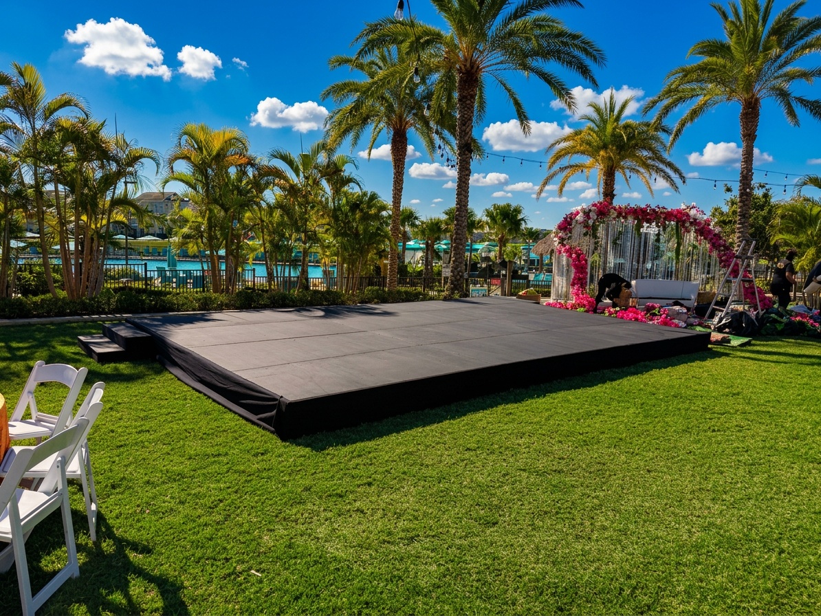 elevated outdoor stage platform with shade cover in open grass area, professional audio equipment, trees visible in background