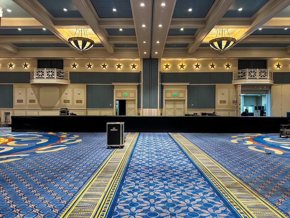 finished stage configuration inside a large hotel ballroom, skirting and stairs in place, showing the complete setup from the Gaylord Palms event