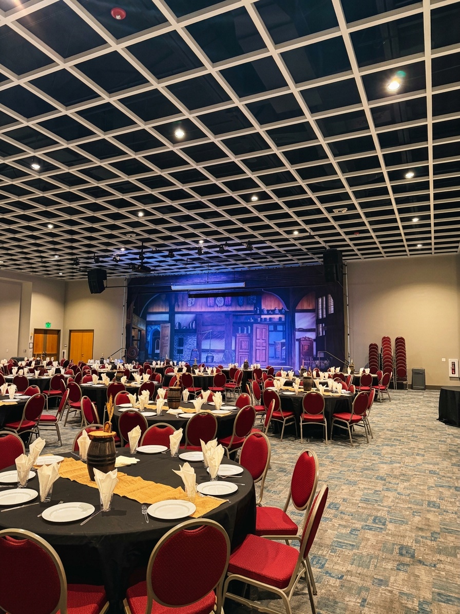 formal event stage setup at Gaylord Palms ballroom showing raised speaking platform, pipe and drape backdrop, podium at stage left, stairs on both sides, and ballroom seating in the foreground