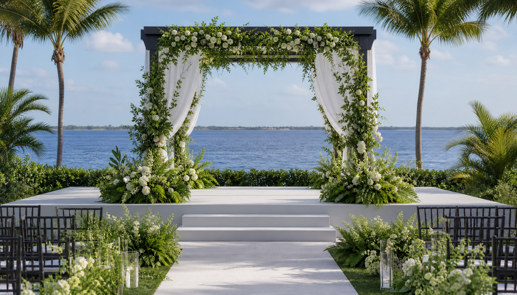outdoor rectangular wedding ceremony stage setup in a garden setting with white skirting and floral arch backdrop