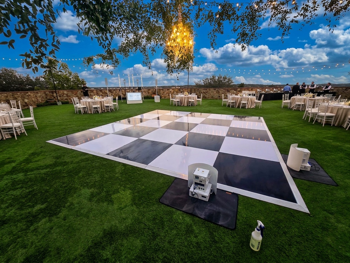 professional outdoor event dancefloor for a wedding and full lighting setup at dusk in a large open-air venue