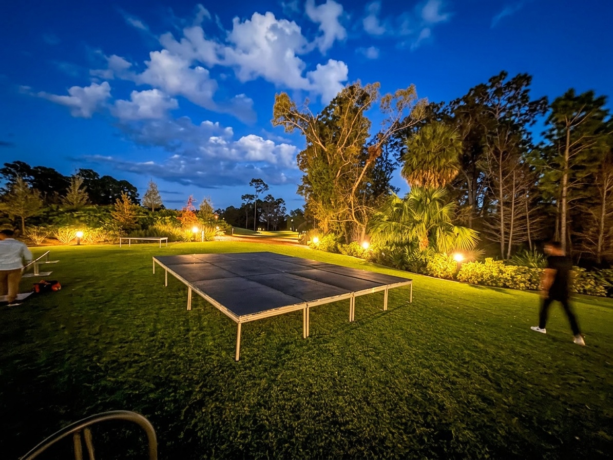 side view of ADA-compliant stage access ramp with handrails on outdoor event site, showing correct slope angle
