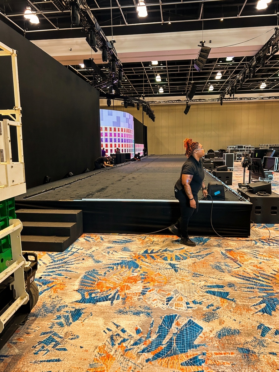 speaking stage setup at Gaylord Palms with LED wall positioned upstage of a 24ft wide platform, April 2026