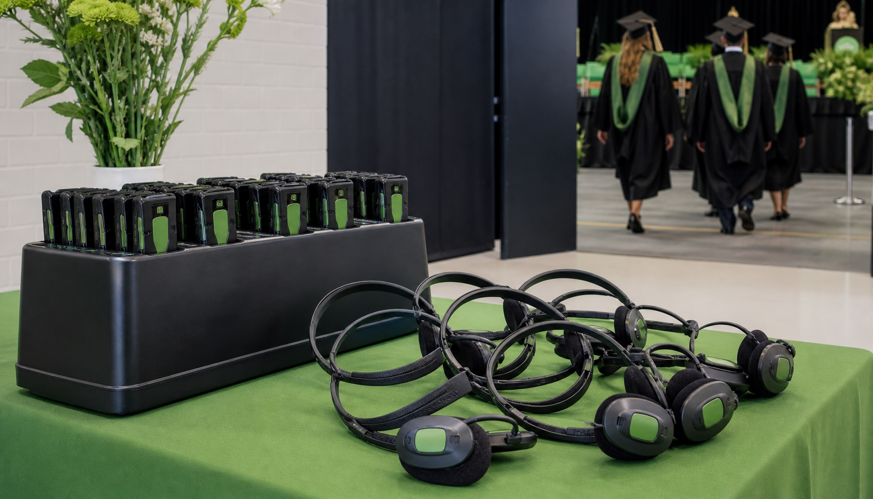 assistive listening receiver checkout station with FM headsets on a table near a graduation stage entrance
