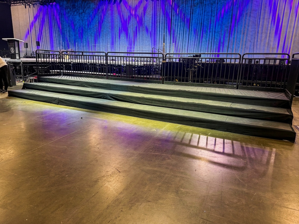 Completed Stages Plus stage setup at a hotel ballroom event, showing guard rails, skirting, and stairs from the audience perspective