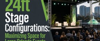 Designed magazine-style blog cover image for an SEO article. Topic: "24ft Stage Configurations: Maximizing Space for Large Or