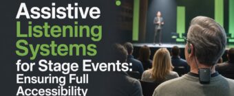 Designed magazine-style blog cover image for an SEO article. Topic: "Assistive Listening Systems for Stage Events: Ensuring F