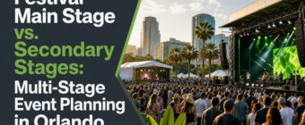 Designed magazine-style blog cover image for an SEO article. Topic: "Festival Main Stage vs. Secondary Stages: Multi-Stage Ev