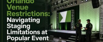 Designed magazine-style blog cover image for an SEO article. Topic: "Orlando Venue Restrictions: Navigating Staging Limitatio