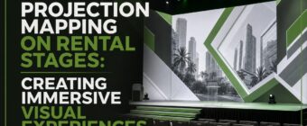 Designed magazine-style blog cover image for an SEO article. Topic: "Projection Mapping on Rental Stages: Creating Immersive