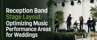 Designed magazine-style blog cover image for an SEO article. Topic: "Reception Band Stage Layout: Optimizing Music Performanc