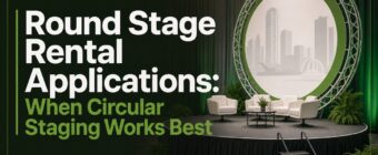Designed magazine-style blog cover image for an SEO article. Topic: "Round Stage Rental Applications: When Circular Staging W