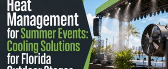 Designed magazine-style blog cover image for an SEO article. Topic: "Heat Management for Summer Events: Cooling Solutions for