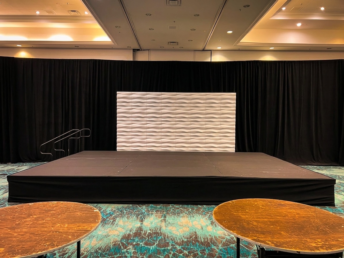 large hotel ballroom stage setup with pipe and drape backdrop and full skirting, April 2026