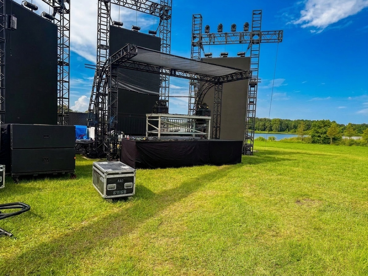 misting fan cooling system positioned near outdoor stage audience area