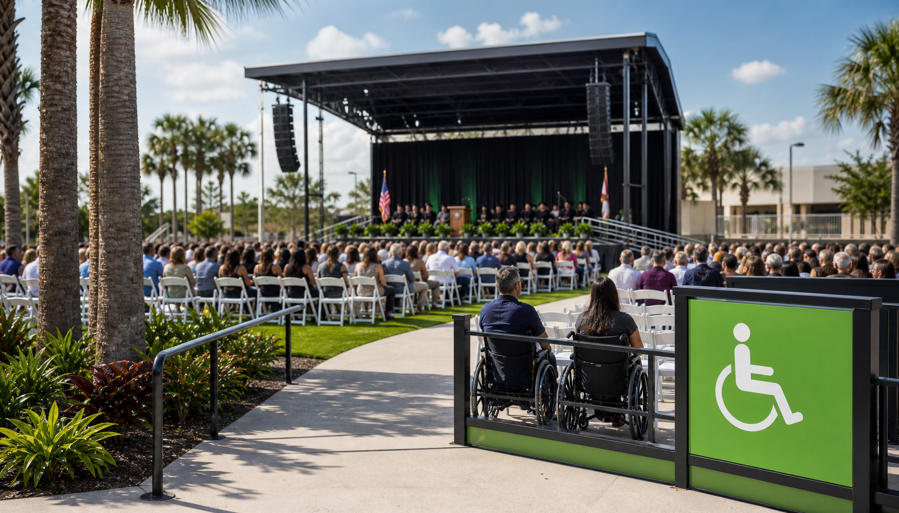 outdoor graduation stage in Central Florida with accessible seating area and signage near the audience entrance