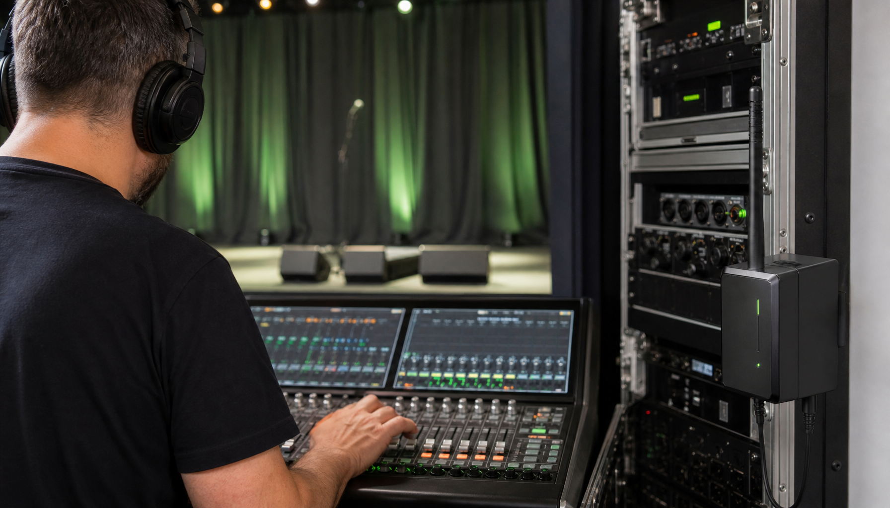 sound engineer at a mix board with an FM assistive listening transmitter mounted near a stage's audio rack
