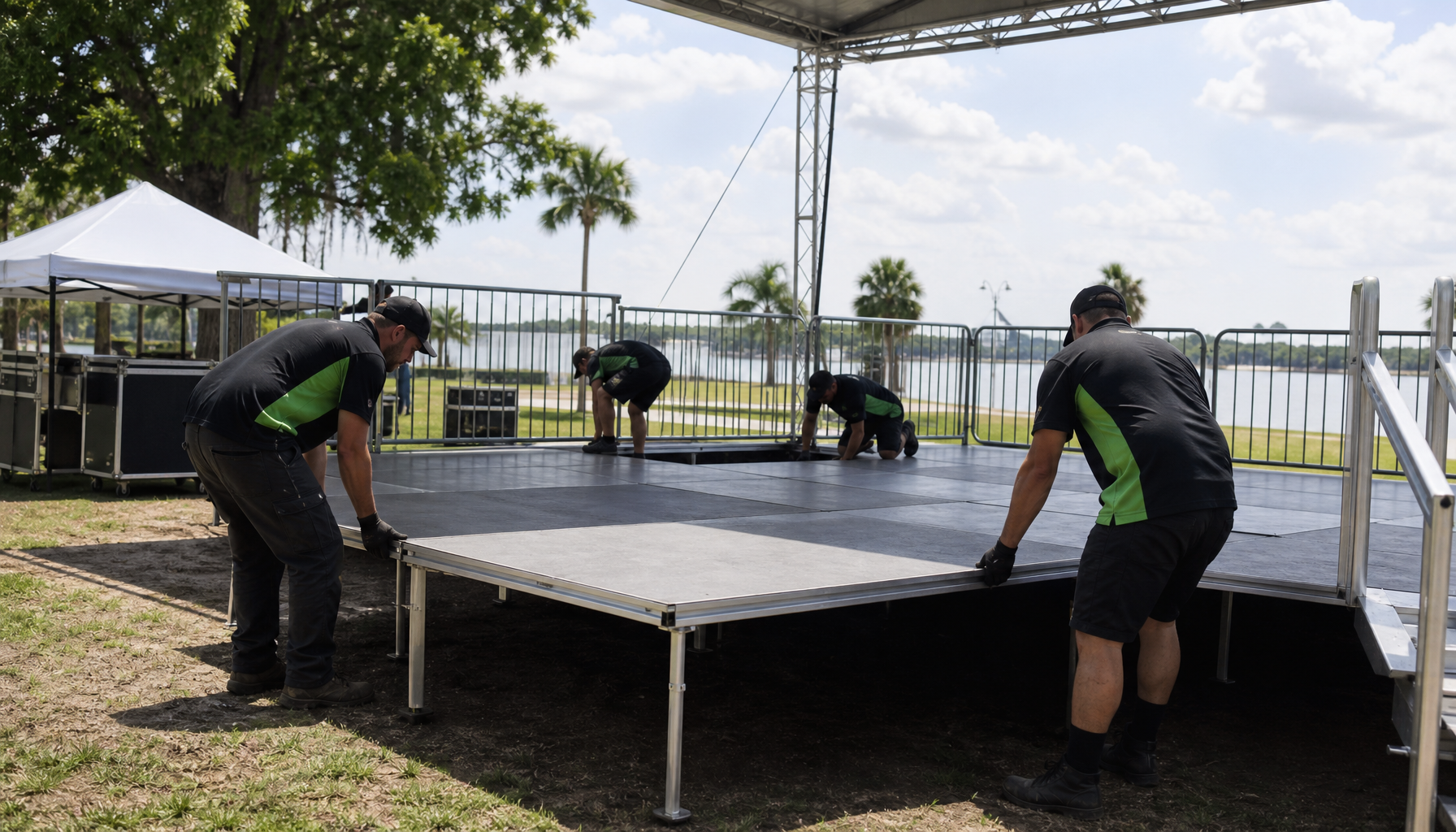 Stages Plus crew loading out stage components at the Gaylord Palms venue during a post-festival teardown, showing guard rails and skirting being dismantled