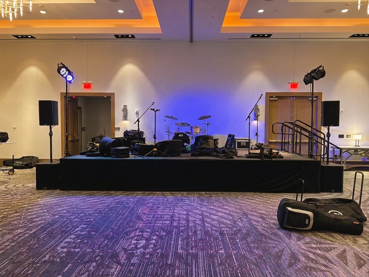 wedding band stage set at an angle beside a dance floor under string lights