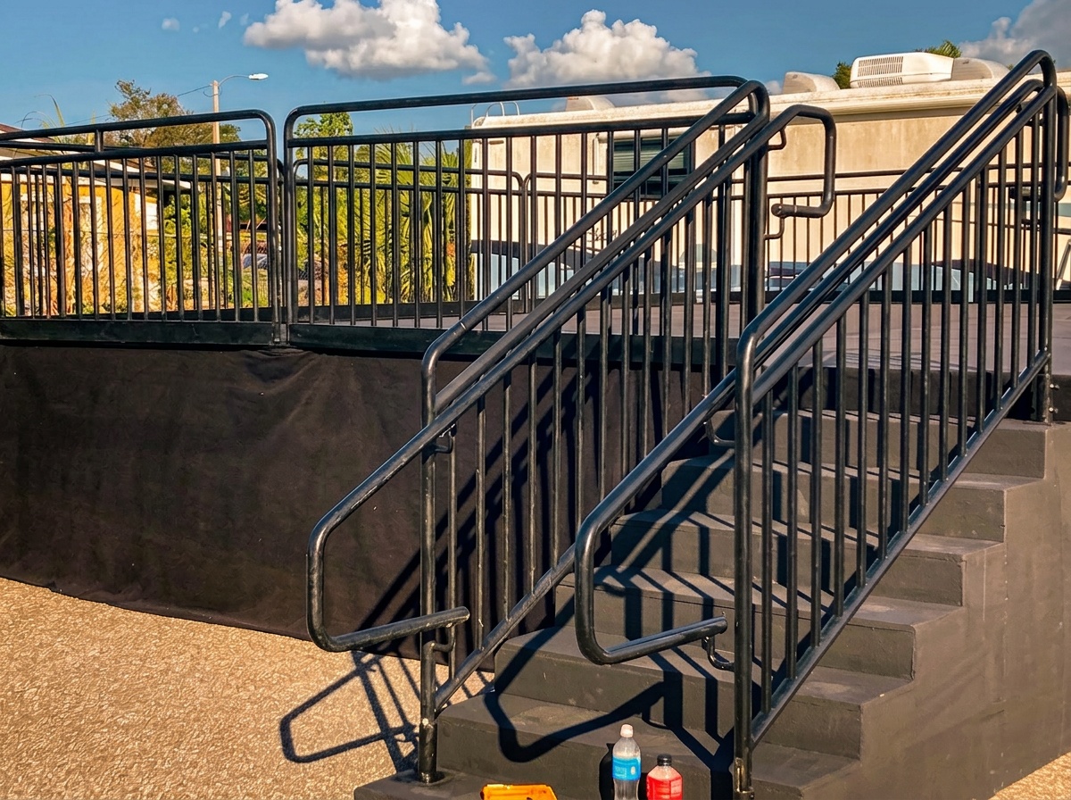 wide 24x40 outdoor stage setup with guard rails, stairs, and lighting truss at a Central Florida event