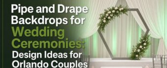 Designed magazine-style blog cover image for an SEO article. Topic: "Pipe and Drape Backdrops for Wedding Ceremonies: Design