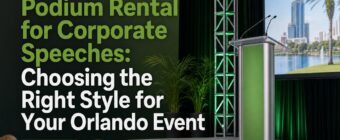 Designed magazine-style blog cover image for an SEO article. Topic: "Podium Rental for Corporate Speeches: Choosing the Right