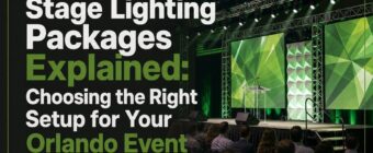 Designed magazine-style blog cover image for an SEO article. Topic: "Stage Lighting Packages Explained: Choosing the Right Se