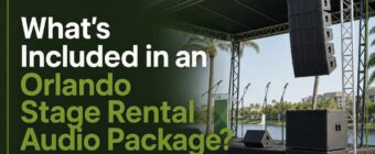 Designed magazine-style blog cover image for an SEO article. Topic: "What's Included in an Orlando Stage Rental Audio Package