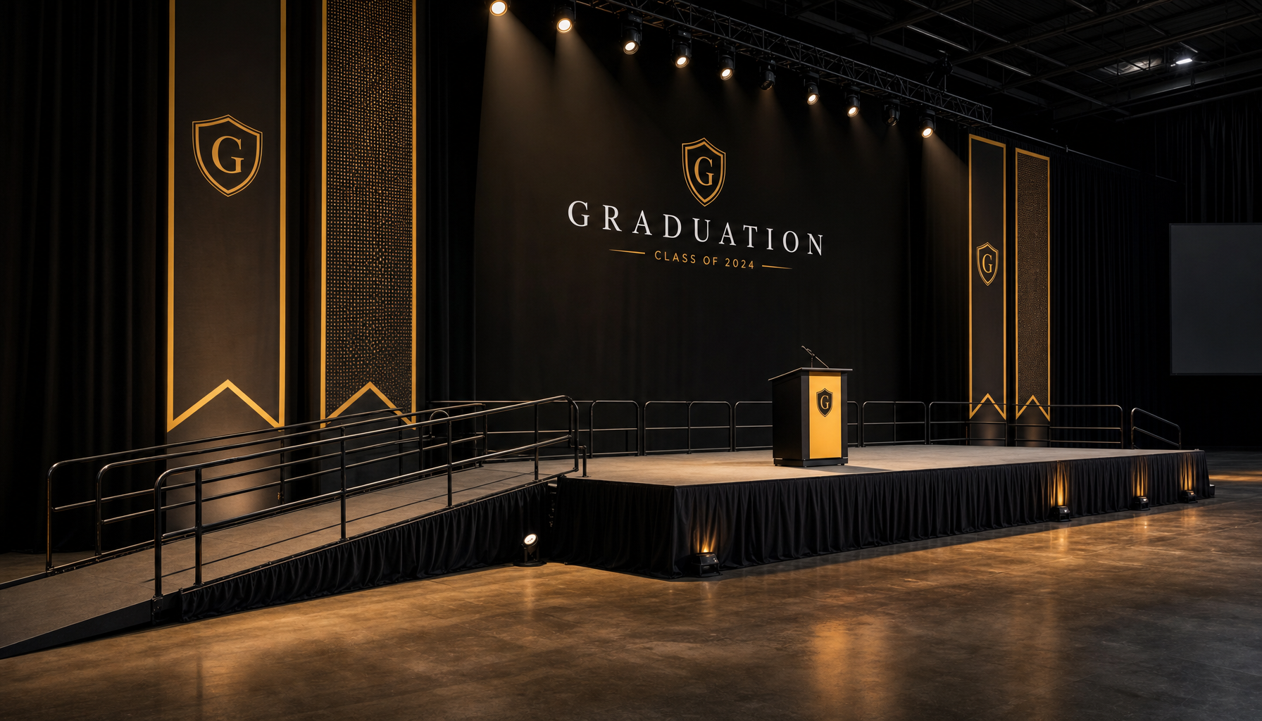 guard rail installed along the side of a raised stage platform at a graduation ceremony