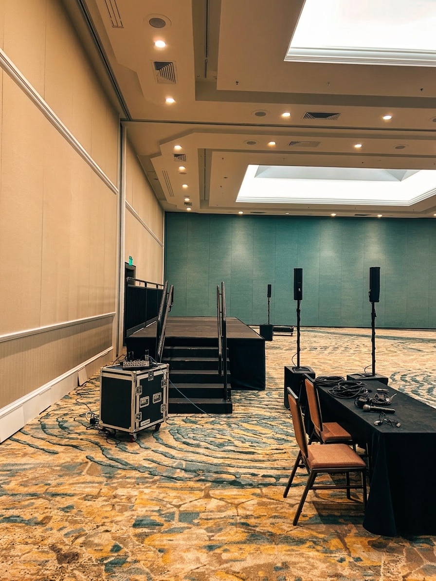 powered speakers on stands flanking a stage with mixer console in foreground at an Orlando event
