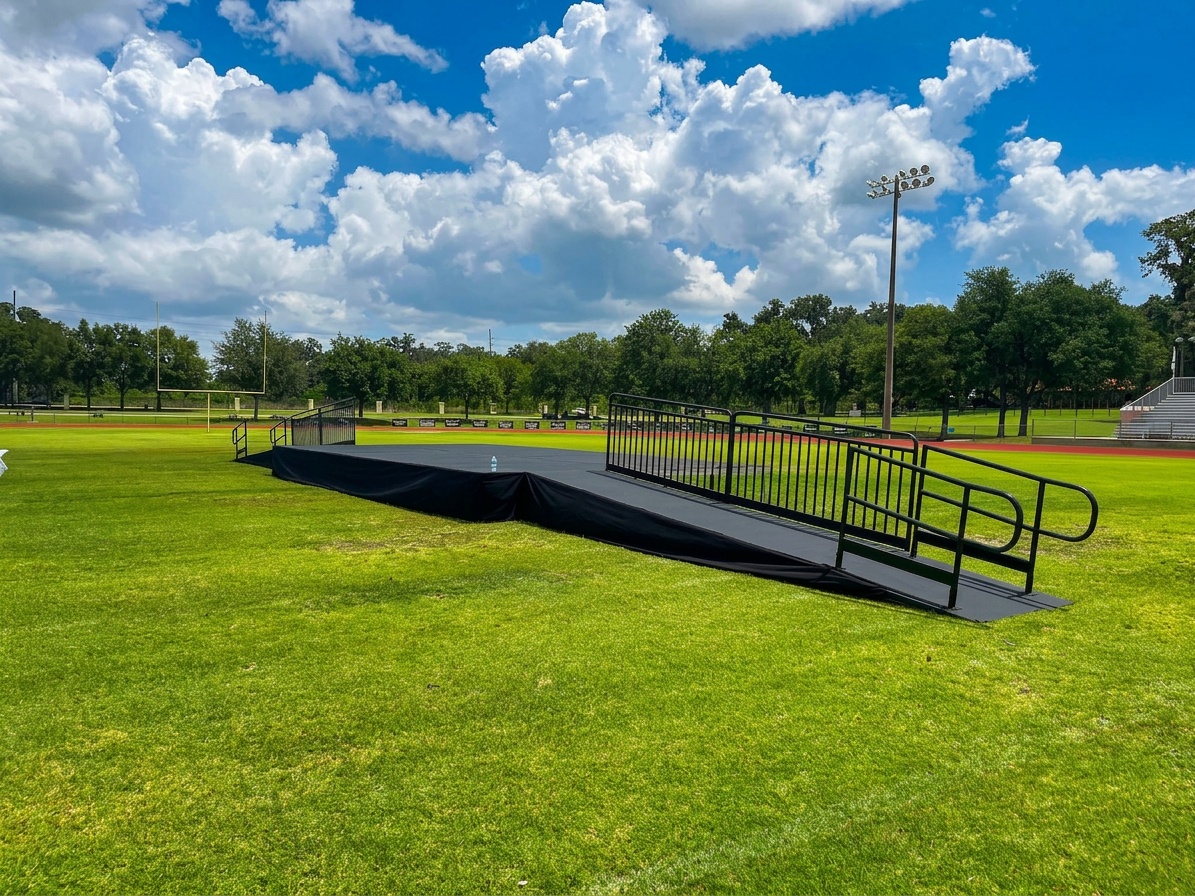 ADA-compliant stage ramp with switchback landing set up on grass at an outdoor Central Florida event