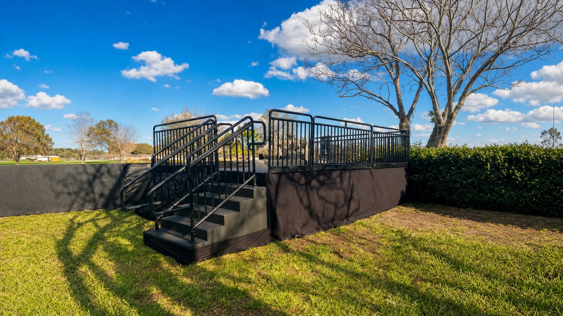 close-up of stage ramp handrail and edge protection detail on an assembled ramp section