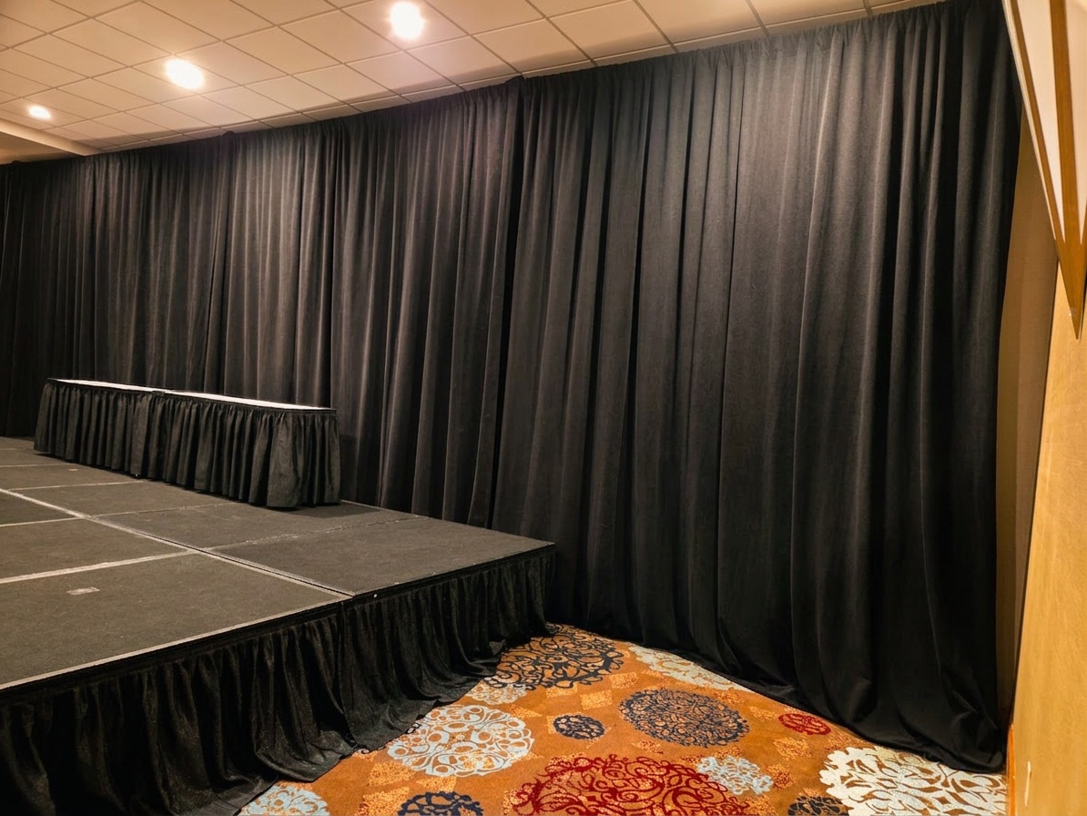 full pipe and drape backdrop with pleated fabric behind a stage, showing fullness and drape height