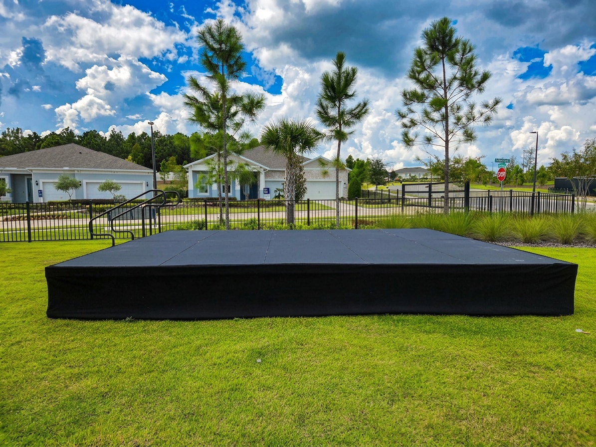 hard deck flooring extending from a stage platform across a grass lawn at an Orlando-area wedding venue