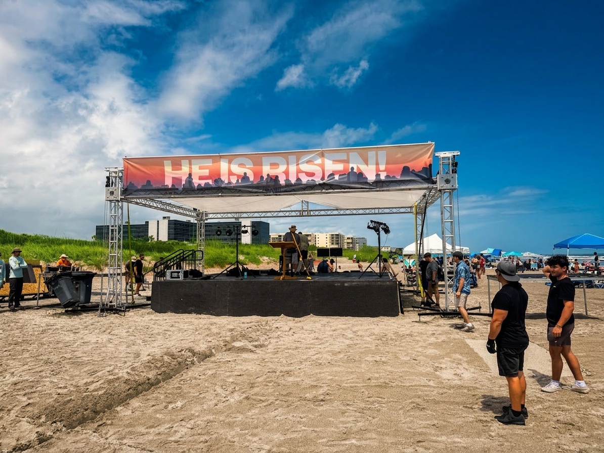 shade stage cover panel attached to outdoor concert stage frame under blue sky