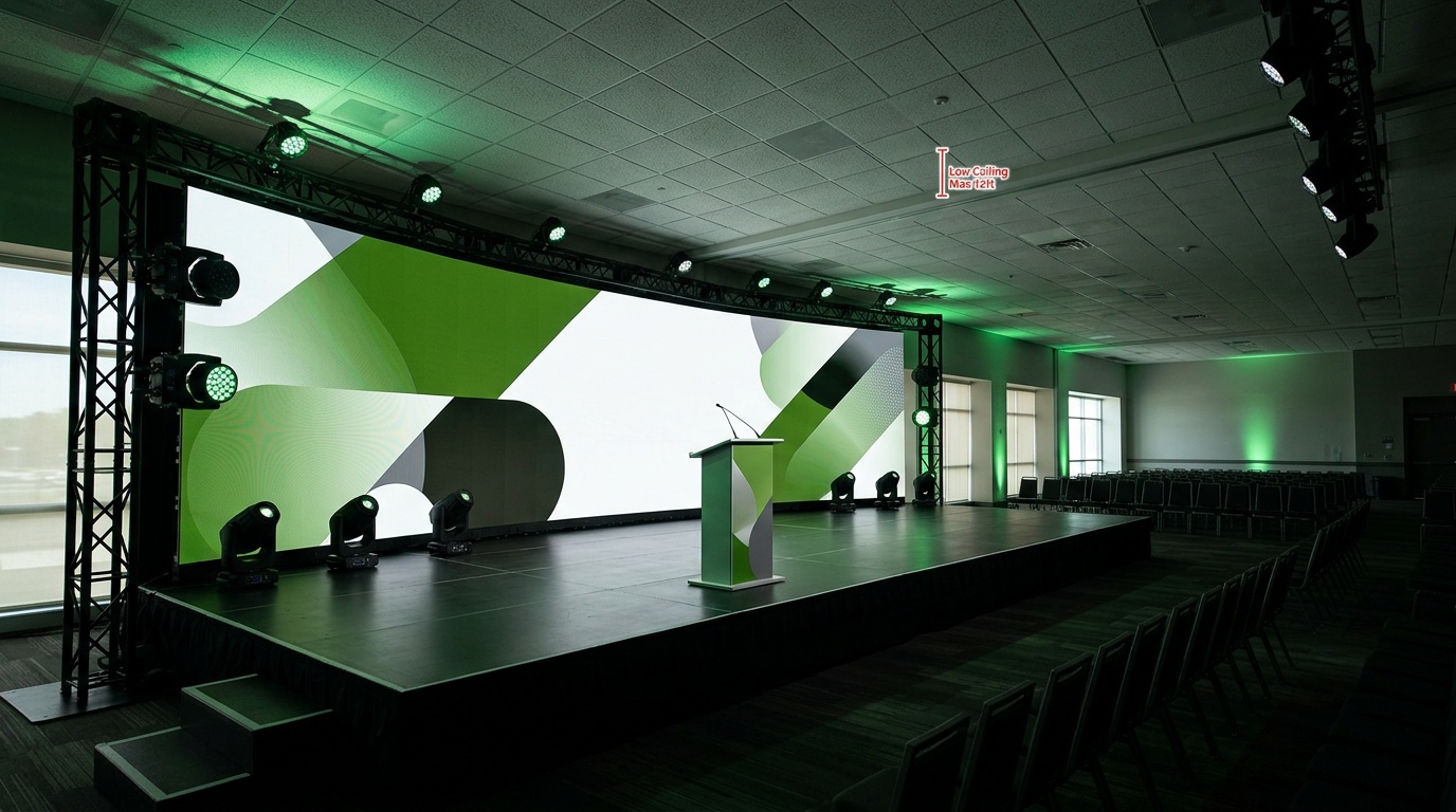 24ft deep speaking stage at a convention center with rear LED video wall and podium
