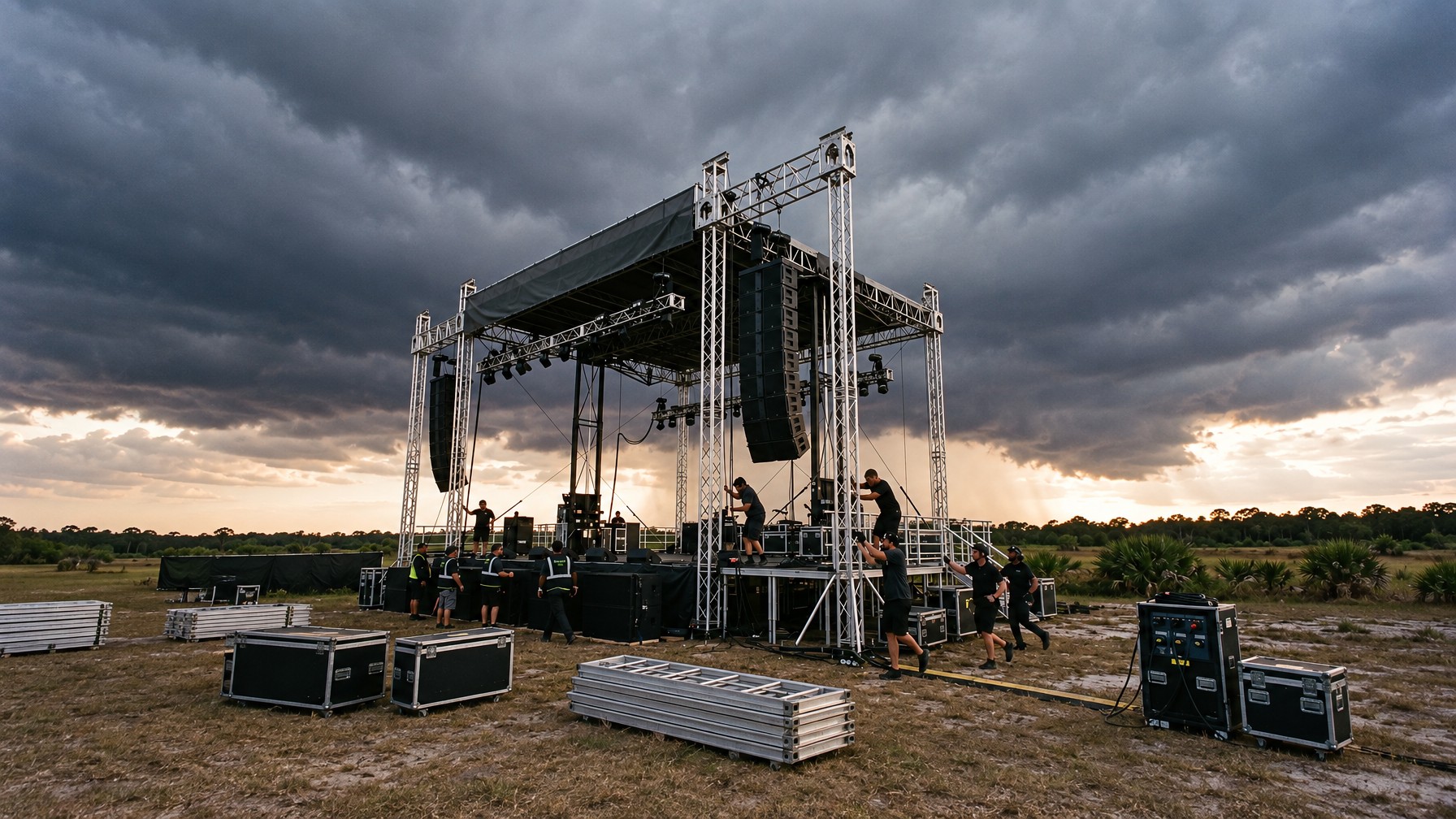 Central Florida sky darkening with storm clouds behind an outdoor concert stage setup