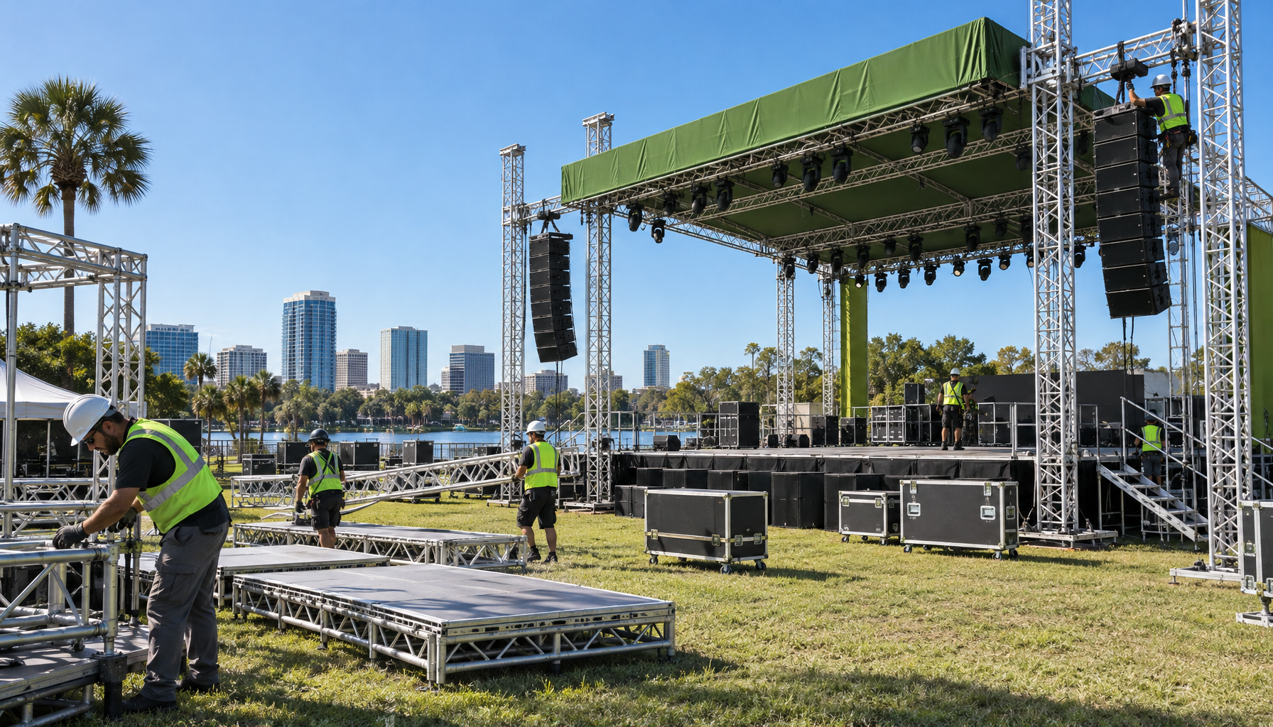 dry, clear-sky stage build in Orlando during fall shoulder season