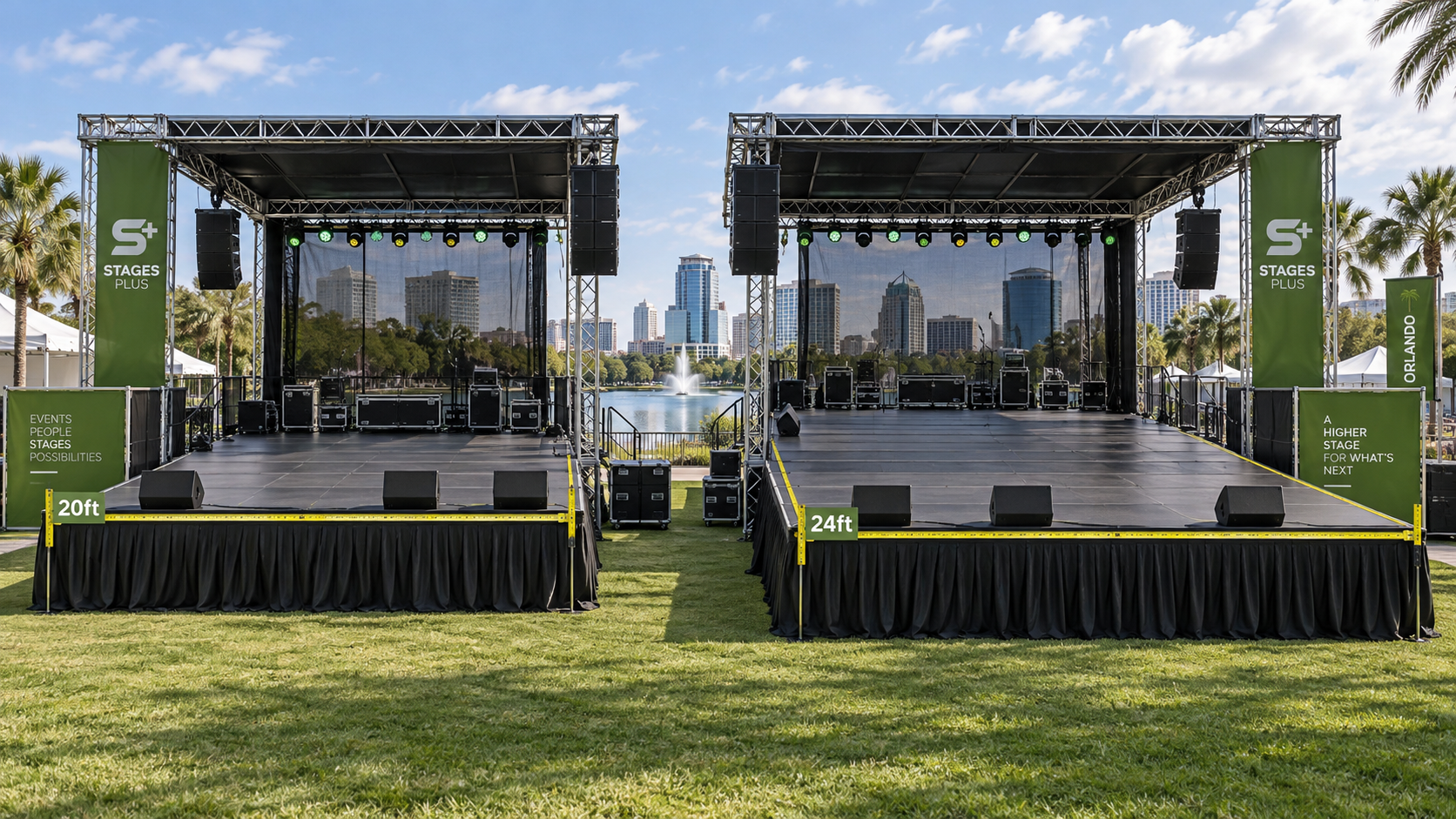 side-by-side comparison of 20ft and 24ft deep stage decks showing depth markers
