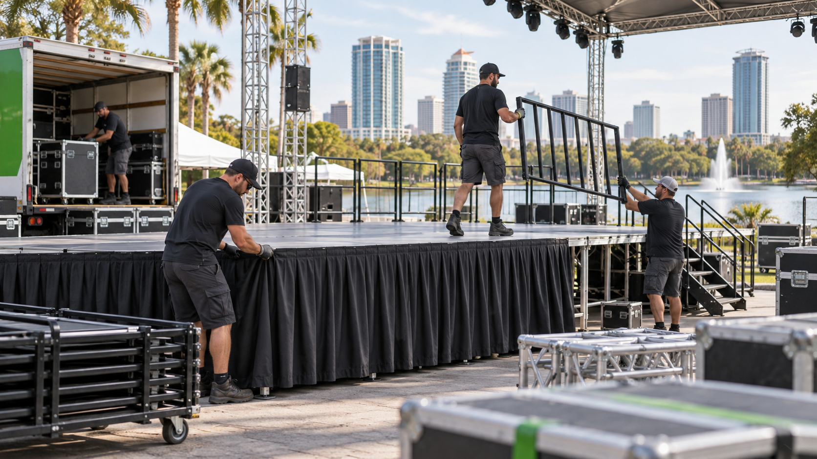 stage crew loading skirting and guard rail sections onto a stage platform before an Orlando event