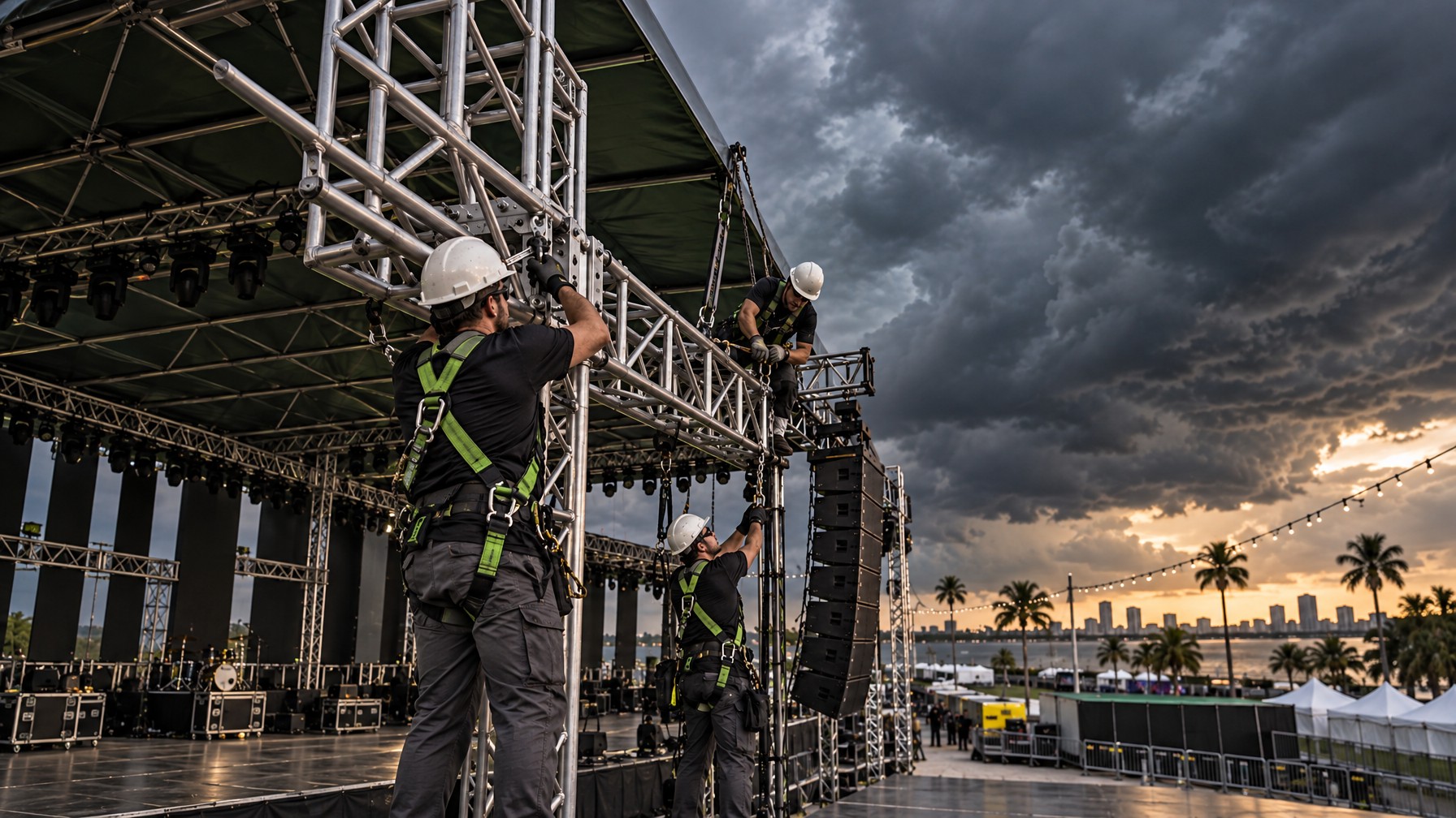 stage crew securing truss roof connections before an approaching storm in Central Florida