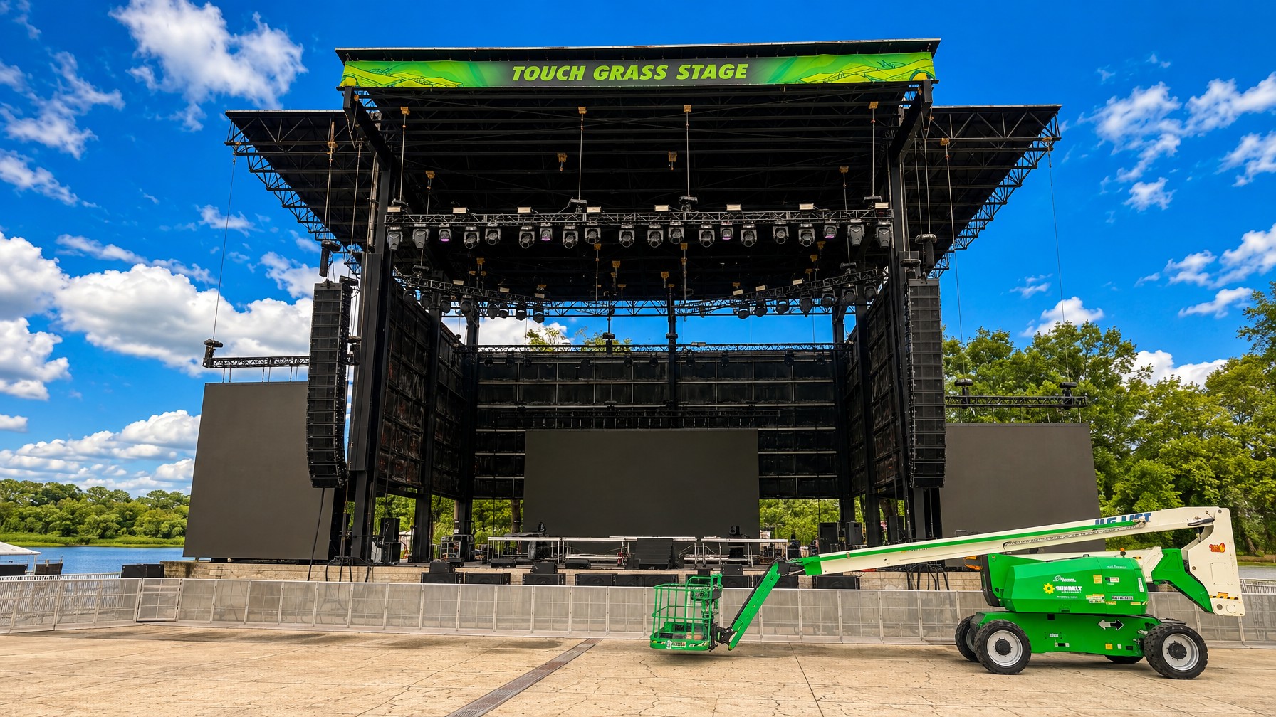 Stages Plus crew unloading and staging equipment outdoors, October 2026, clear weather